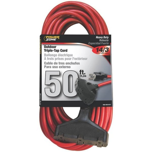 Powerzone Cord Ext 3Tap14/3X50Ft Red OR614730/606730